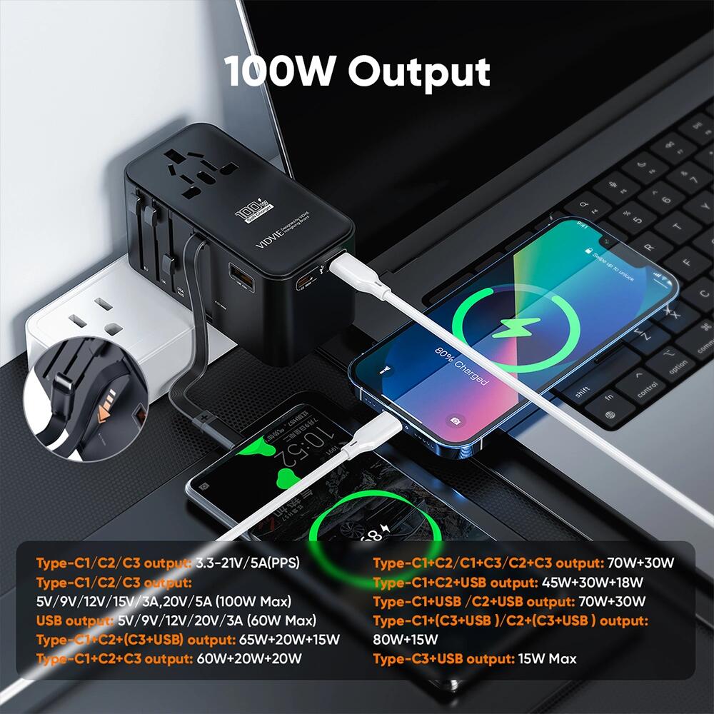 Vidvie 100W Global Universal Travel Adapter with Built-in Retractable Cable - Image 3