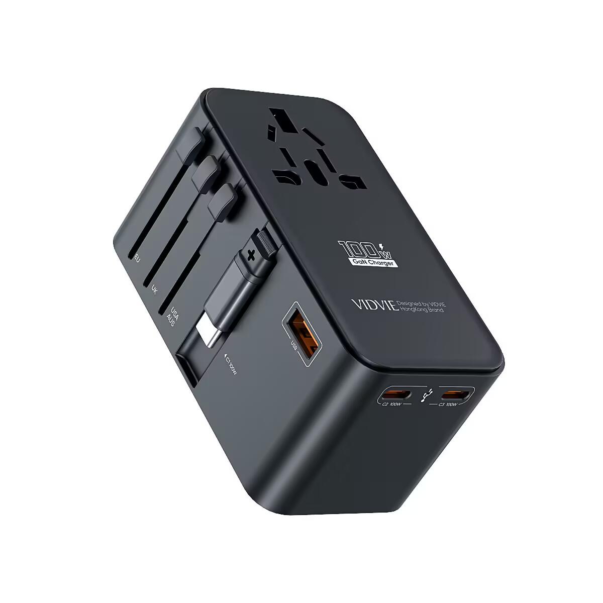 Vidvie 100W Global Universal Travel Adapter with Built-in Retractable Cable